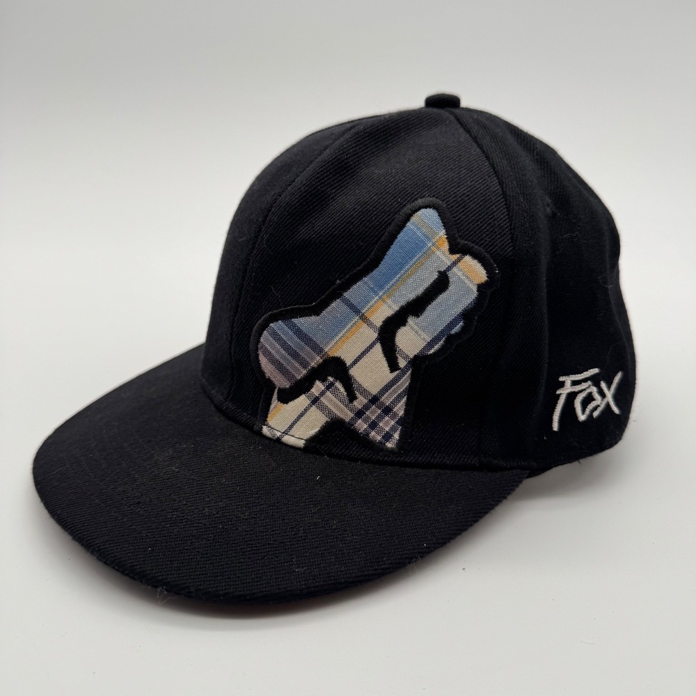 Fox Racing Hat Mens Black Plaid Fox Head Logo Flat Brim Fitted Cap 57cm OSFA